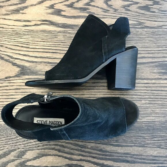 Steve Madden Maxine Black Perforated Suede Leather Open Toe Sandal Bootie 7.5 - Picture 12 of 13